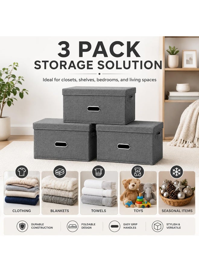 XVersion 3-Pack Collapsible Linen Storage Bins with Removable Lids, 38L Foldable Stackable Fabric Organiser Boxes with 4 Handles, 44 x 29 x 30 cm - Image 5