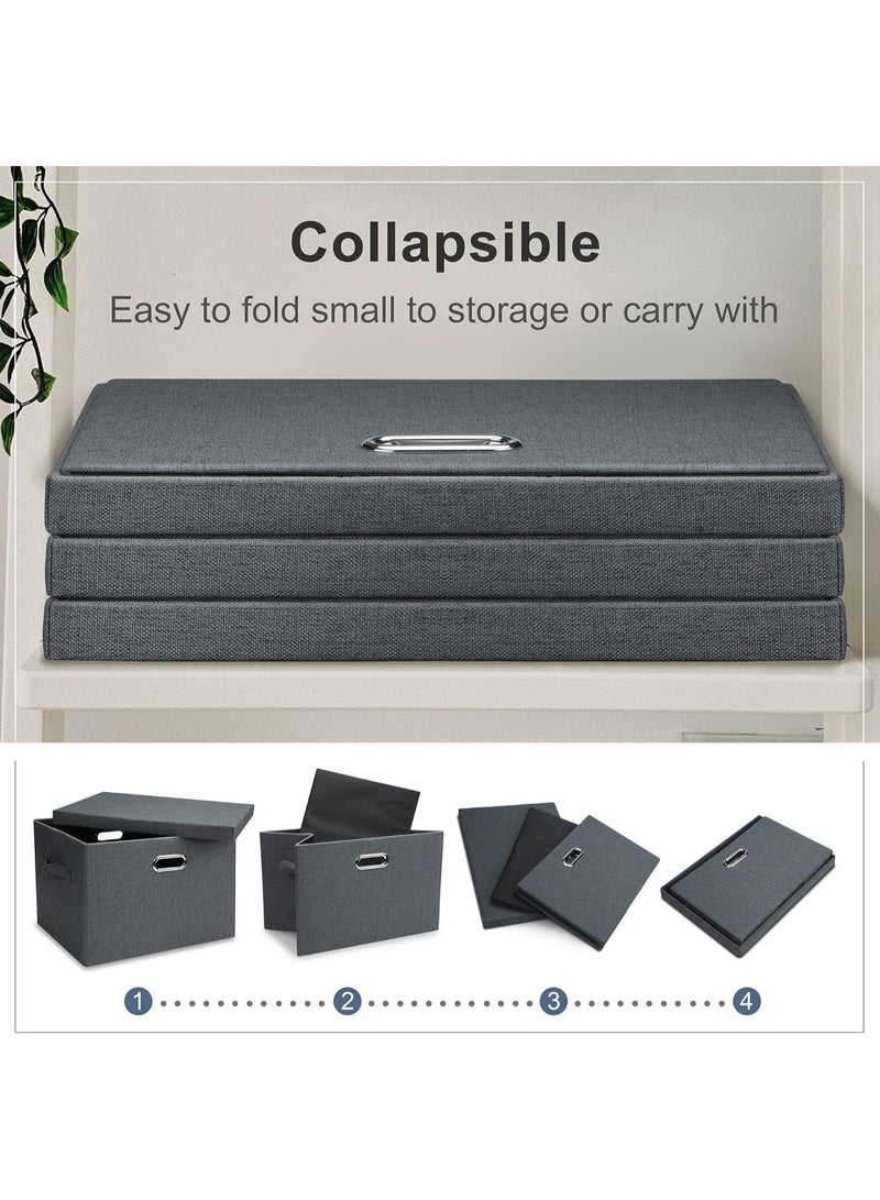 XVersion 3-Pack Collapsible Linen Storage Bins with Removable Lids, 38L Foldable Stackable Fabric Organiser Boxes with 4 Handles, 44 x 29 x 30 cm - Image 4