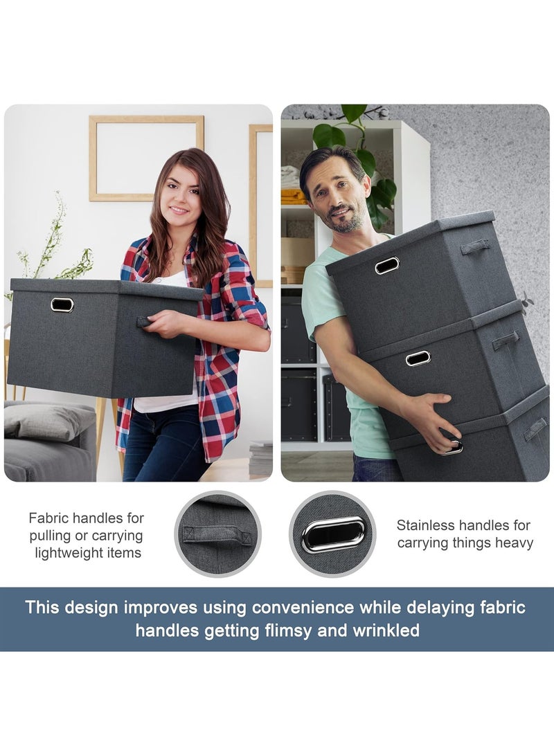 XVersion 3-Pack Collapsible Linen Storage Bins with Removable Lids, 38L Foldable Stackable Fabric Organiser Boxes with 4 Handles, 44 x 29 x 30 cm - Image 3
