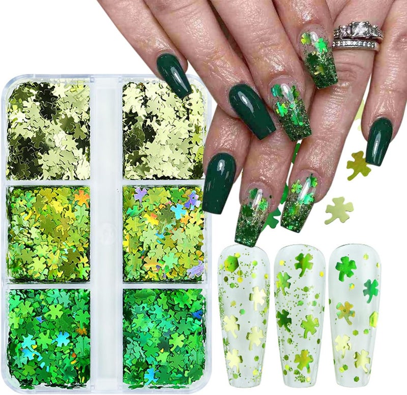 6 Grids St. Patrick's Day Nail Art Glitters 3D Holographic Green Shamrock Nail Art Stickers Irish Nail Sequins Sparkle Confetti Flakes Clover Nail Design for Women DIY St Patricks Day Nail Decorations