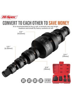 Hi-Spec 6 Piece Impact Adapter and Reducer Socket Set, 1/4 3/8 1/2 3/4 Inch Female To Male Air Square Drive and Wrench Conversion Kit, Cr-Mo Steel, Ball Detent, Hand Tools With Case  - Image 4