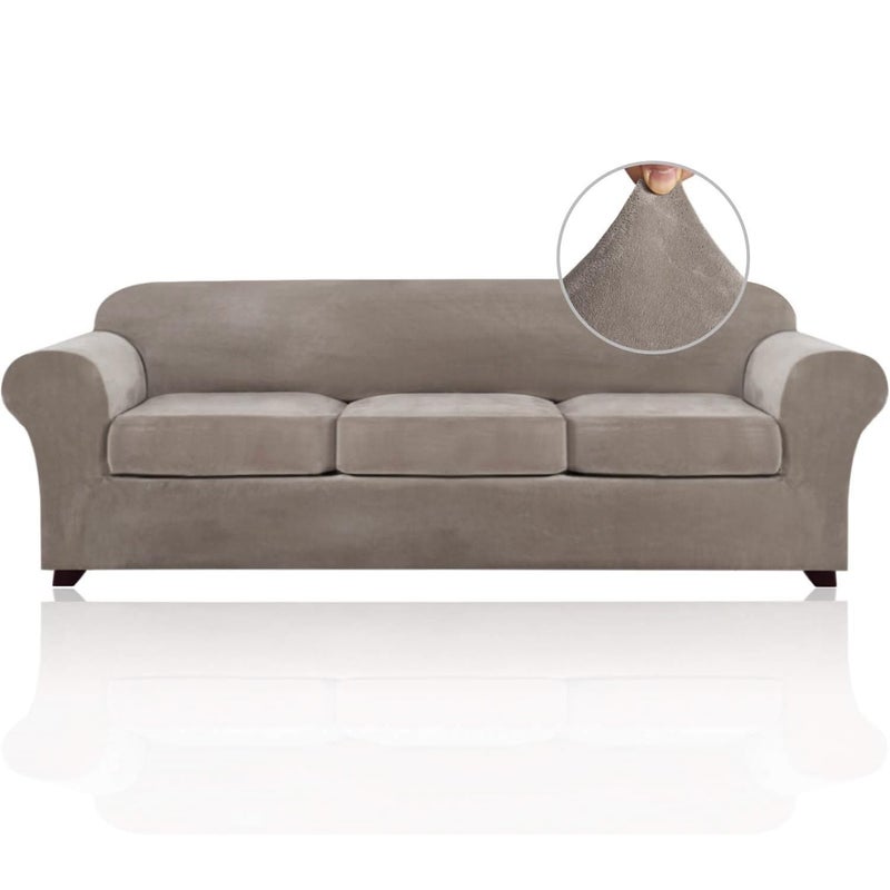 PriceDeco Velvet XL Couch Cover for Oversized Sofa 4 Piece Sofa Covers for 3 Cushion Couch Washable Furniture Protector with Non Slip Elastic Bottom Width Up to 97 InchXLarge Taupe