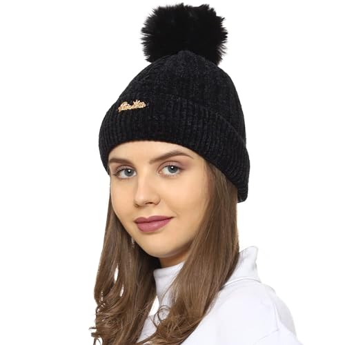 RR DESIGN Winter Warm Wool Pom Pom Hat Soft Thick Knit Acrylic Beanie Hat Caps-Winter Headgear for Girls and Women's (Black) - Image 5