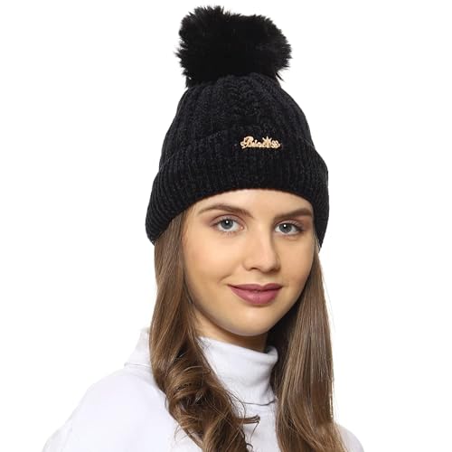 RR DESIGN Winter Warm Wool Pom Pom Hat Soft Thick Knit Acrylic Beanie Hat Caps-Winter Headgear for Girls and Women's (Black) - Image 1