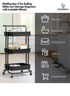 Toshionics 3-Tier Rolling Utility Carts Trolley Storage Cart with Handle Multifunctional Organization Cart with Brake Caster Wheels Kitchen Shelf Multifunctional Storage Rack  - Image 3