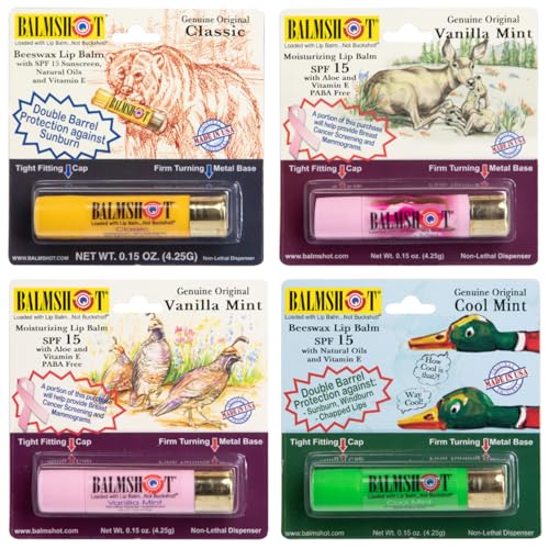 BALMSHOT Lip Balm 4Pack SPF 15 Beeswax Formula with Aloe Vitamin E PABA Free Classic Cool Mint Vanilla Mint Pink Camo Vanilla Mint 20Gauge Brass Tube Made in USA - Image 1