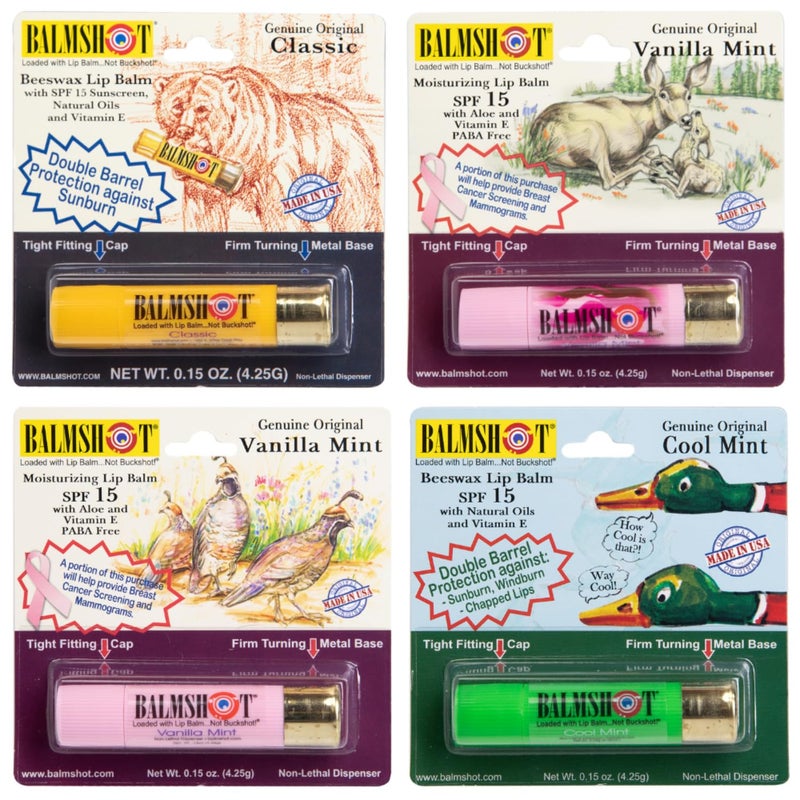 BALMSHOT Lip Balm 4Pack SPF 15 Beeswax Formula with Aloe Vitamin E PABA Free Classic Cool Mint Vanilla Mint Pink Camo Vanilla Mint 20Gauge Brass Tube Made in USA - Image 2