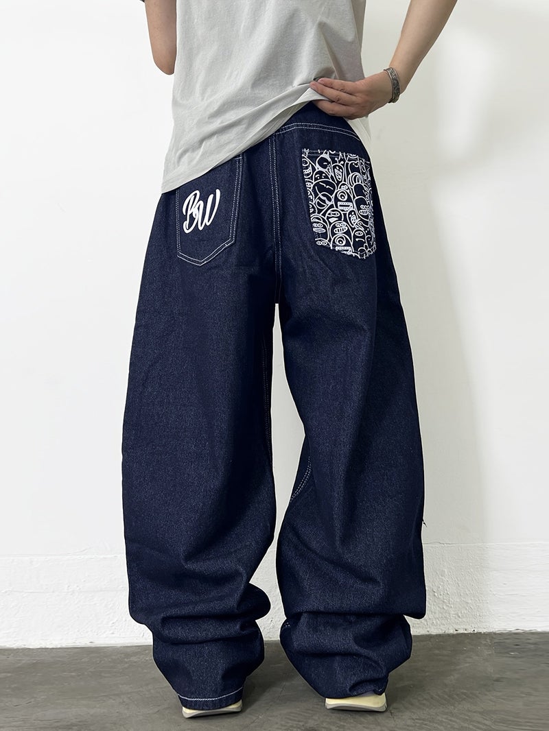 American High Street Design Print Loose Fit Jeans, Vintage Fashion Versatile Wide-Leg Pants - Image 2