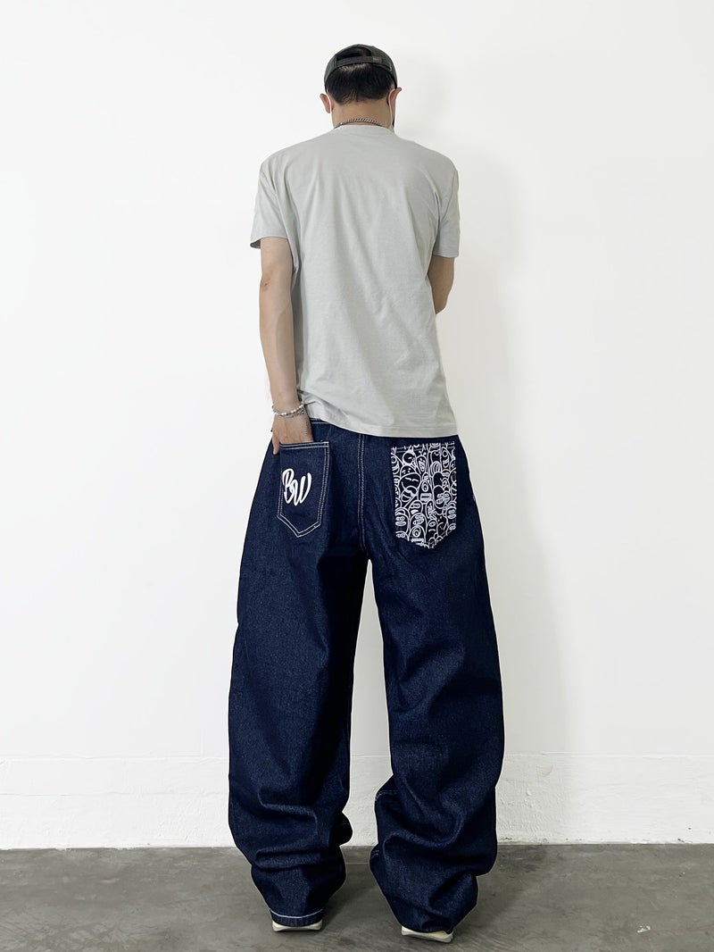 American High Street Design Print Loose Fit Jeans, Vintage Fashion Versatile Wide-Leg Pants - Image 4