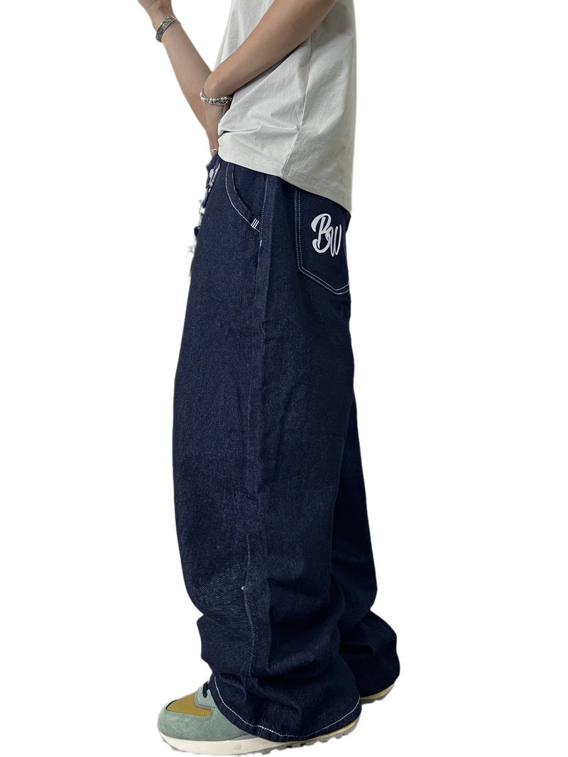 American High Street Design Print Loose Fit Jeans, Vintage Fashion Versatile Wide-Leg Pants - Image 1
