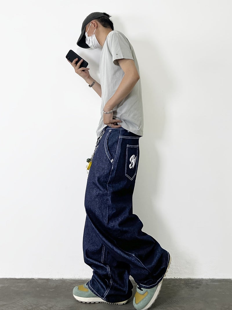 American High Street Design Print Loose Fit Jeans, Vintage Fashion Versatile Wide-Leg Pants - Image 5