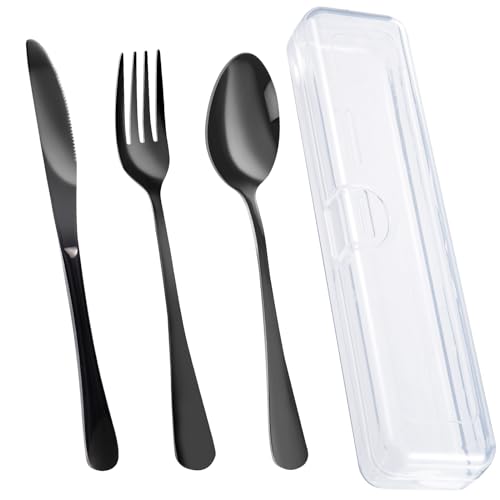lengnoyp 4PCS Premium Travel Utensils With Case, Stainless Steel Reusable Portable Utensils Set With Case, Lengnoyp Travel Silverware Set With Case for Lunch Box Includ Fork Spoon Knife Set, Black - Image 1