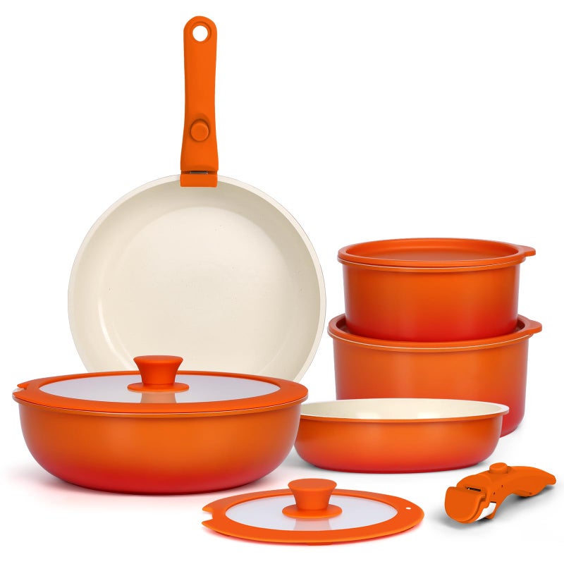 GIPP 11pcs Pots and Pans Set Non Stick, Nonstick Cookware Set Detachable Handle, Ceramic Pots for Cooking Non Stick with Removable Handle, RV Cookware Set for All Stoves, Orange Gradient - Image 1