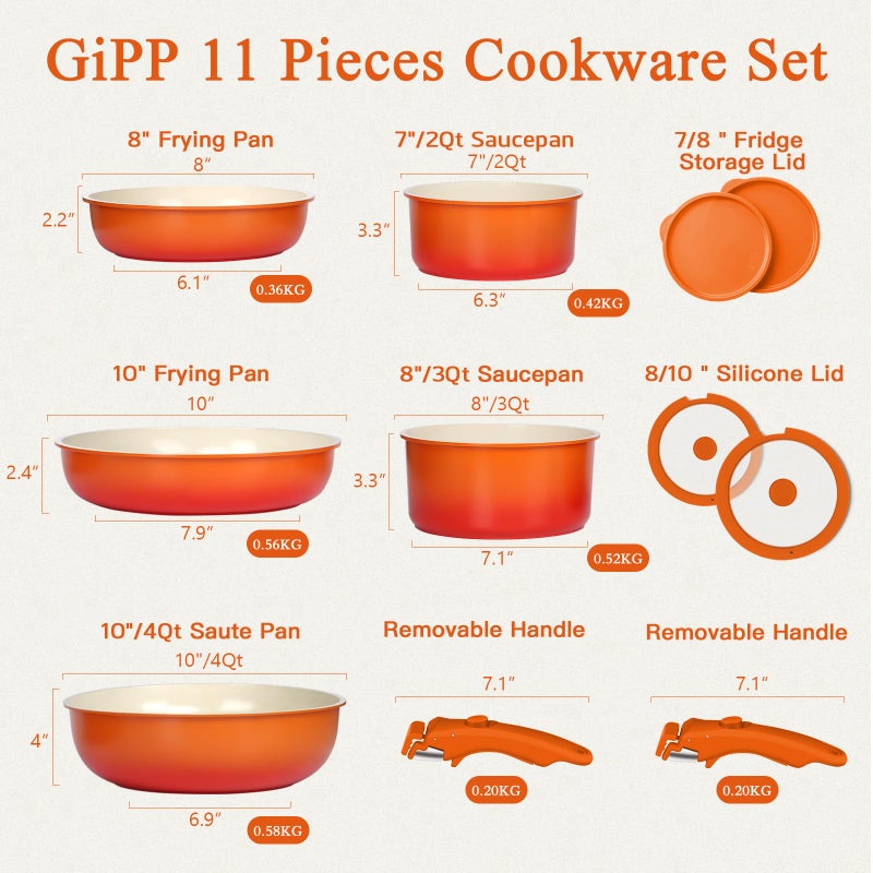 GIPP 11pcs Pots and Pans Set Non Stick, Nonstick Cookware Set Detachable Handle, Ceramic Pots for Cooking Non Stick with Removable Handle, RV Cookware Set for All Stoves, Orange Gradient - Image 2