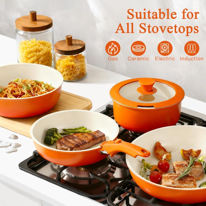 GIPP 11pcs Pots and Pans Set Non Stick, Nonstick Cookware Set Detachable Handle, Ceramic Pots for Cooking Non Stick with Removable Handle, RV Cookware Set for All Stoves, Orange Gradient - Image 4