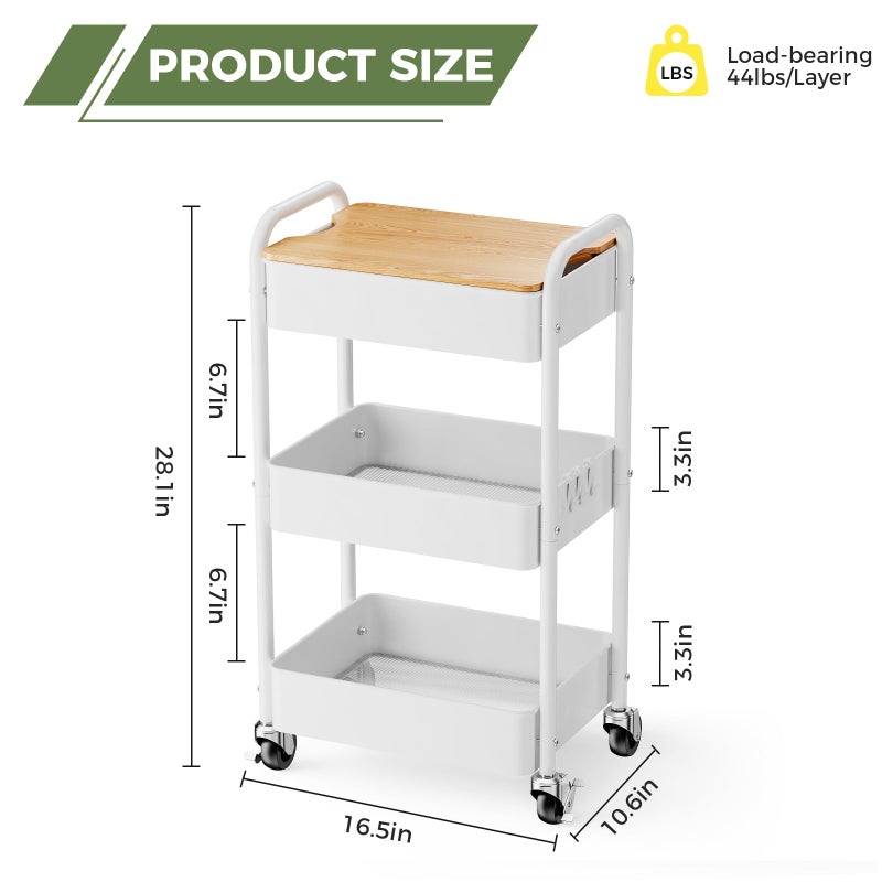 johgee 3 Tier Rolling Cart with Table top, Metal Rolling Utility Cart on Wheels, Sturdy Storage Organizer Cart with Hooks for Office, Classroom, Kitchen and Bathroom (White) - Image 4