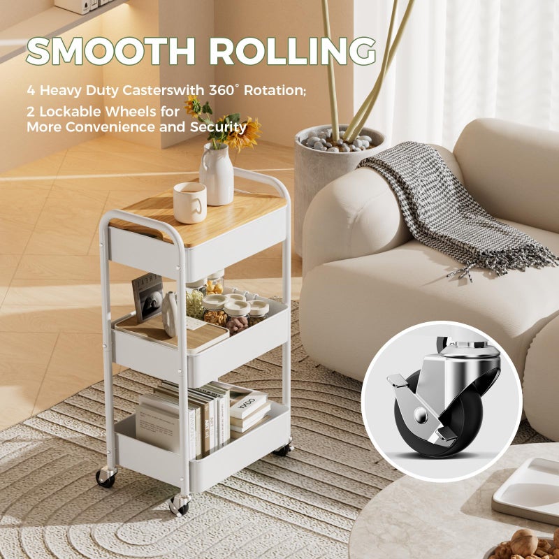 johgee 3 Tier Rolling Cart with Table top, Metal Rolling Utility Cart on Wheels, Sturdy Storage Organizer Cart with Hooks for Office, Classroom, Kitchen and Bathroom (White) - Image 5