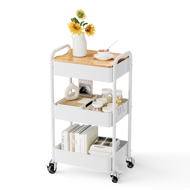 johgee 3 Tier Rolling Cart with Table top, Metal Rolling Utility Cart on Wheels, Sturdy Storage Organizer Cart with Hooks for Office, Classroom, Kitchen and Bathroom (White) - Image 1