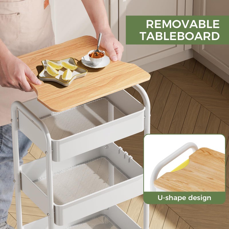 johgee 3 Tier Rolling Cart with Table top, Metal Rolling Utility Cart on Wheels, Sturdy Storage Organizer Cart with Hooks for Office, Classroom, Kitchen and Bathroom (White) - Image 3