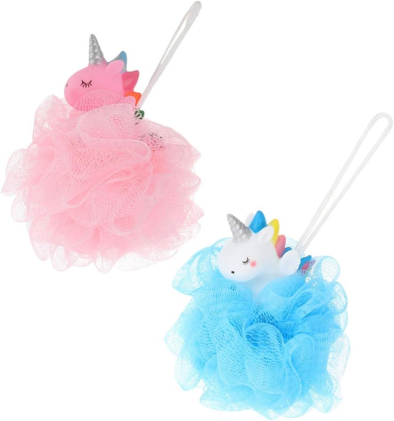 2pcs Unicorn Loofah Sponge Shower Scrubber Bath Foaming Ball for Exfoliating Body Cleaning, Cartoon Mesh Bath Sponge Set for Women and Men Bathroom Use - Image 1