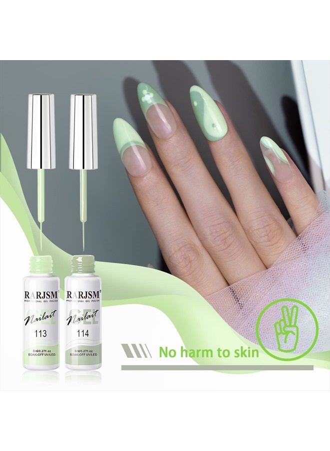 RARJSM Nail Art Liner Gel Nail Polish,Pastel Green Spring Summer Colors Pigment Gel Art Paint for Swirl Nails Painting Design Detailing Built in Thin Sharp Nail Brush Soak off Curing Required 8ml - Image 3