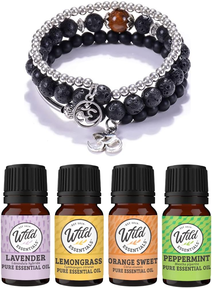 mEssentials سوار ديفيوزر زيت أساسي من حجر اللافا ثلاثي الشريط من وايلد إيسينشالز، يتوسع لأي حجم، مجموعة هدايا مجوهرات العلاج العطري وزيوت نقية 100% (لافندر، ليمون غراس، برتقال، نعناع)