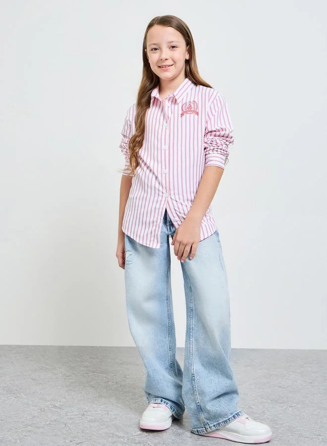 Styli Teens Pink and White Striped Logo Shirt