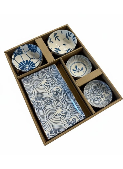 Japanese Style Ceramic Dinnerware Set, Blue & White Porcelain Plates and Bowls Set for Sushi, Snacks & Serving (blue)