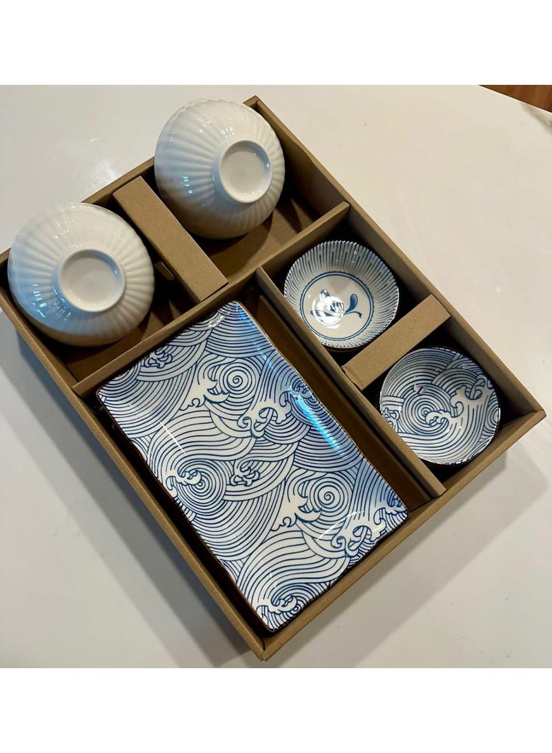 طقم عشاء سيراميك على الطراز الياباني، طقم أطباق وأوعية من البورسلين باللونين الأزرق والأبيض للسوشي والوجبات الخفيفة والتقديم (أزرق) - Image 3