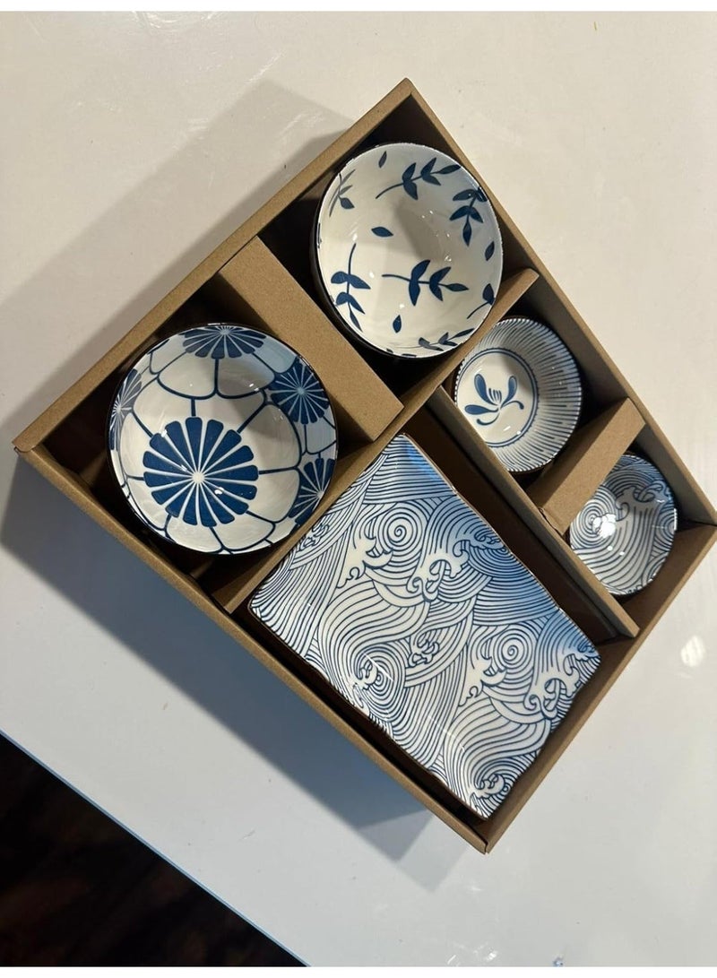 طقم عشاء سيراميك على الطراز الياباني، طقم أطباق وأوعية من البورسلين باللونين الأزرق والأبيض للسوشي والوجبات الخفيفة والتقديم (أزرق) - Image 4