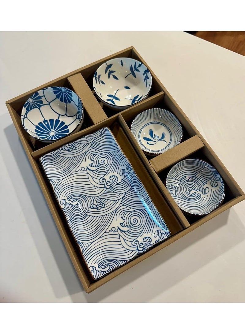 طقم عشاء سيراميك على الطراز الياباني، طقم أطباق وأوعية من البورسلين باللونين الأزرق والأبيض للسوشي والوجبات الخفيفة والتقديم (أزرق) - Image 5