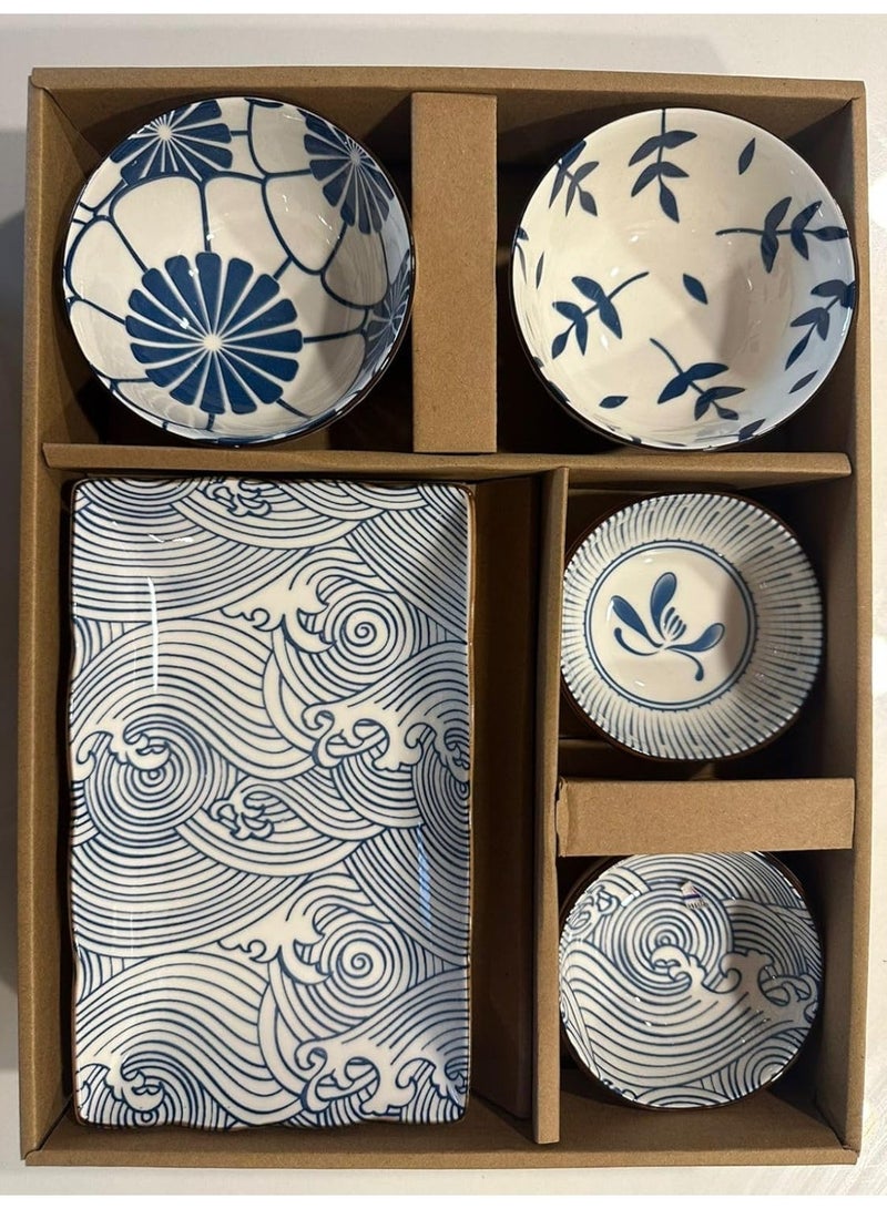 طقم عشاء سيراميك على الطراز الياباني، طقم أطباق وأوعية من البورسلين باللونين الأزرق والأبيض للسوشي والوجبات الخفيفة والتقديم (أزرق) - Image 2