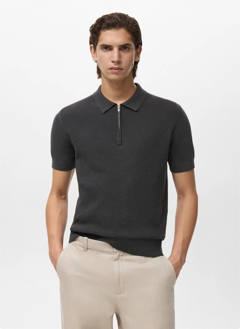 مانجو Openwork Knitted Polo Shirt With Zip