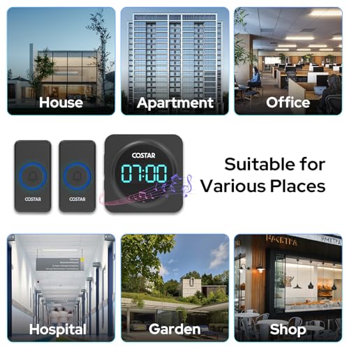 Costar Door Bell - Calling Bell Wireless with 24-Hour Time Display, Wireless Doorbell for Home, 1000ft Range Operating with 58 Chimes, 5 Levels Adjustable Volume(Pebble 705 Black 2 Push Button) - Image 5