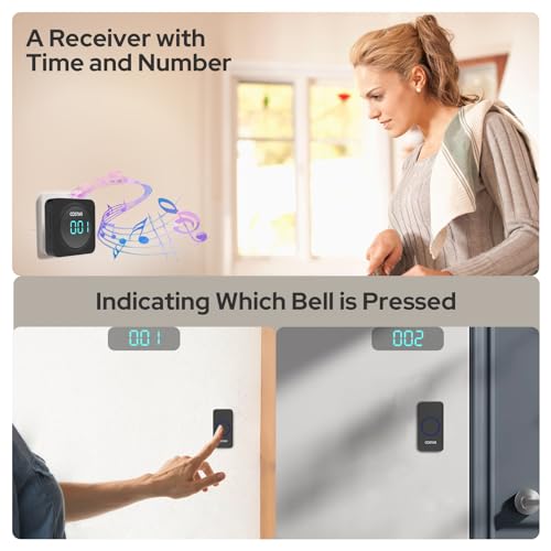 Costar Door Bell - Calling Bell Wireless with 24-Hour Time Display, Wireless Doorbell for Home, 1000ft Range Operating with 58 Chimes, 5 Levels Adjustable Volume(Pebble 705 Black 2 Push Button) - Image 2