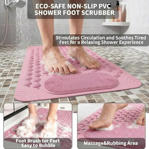JUGTE Anti Skid Mat for Bathroom Floor Shower mats for Bathroom Anti Slip with Foot Scrubber Bath mat Anti Slip with Suction Cups & Drain Holes (70x35 Cm) (Pink) - Image 4