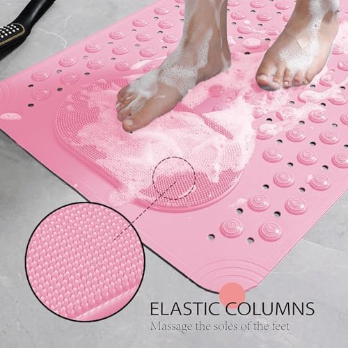 JUGTE Anti Skid Mat for Bathroom Floor Shower mats for Bathroom Anti Slip with Foot Scrubber Bath mat Anti Slip with Suction Cups & Drain Holes (70x35 Cm) (Pink) - Image 2