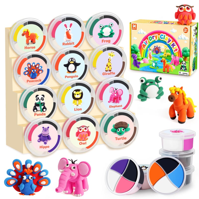 Helsort Air Dry Clay Kit for Kids, 12 Animals Modeling Clay with Tutorial Cards & Video, 8 Sculpting Tools, Ultra Light, Safe & Non-Toxic, Arts and Crafts Toys Easter Gifts for Boys Girls - Image 1