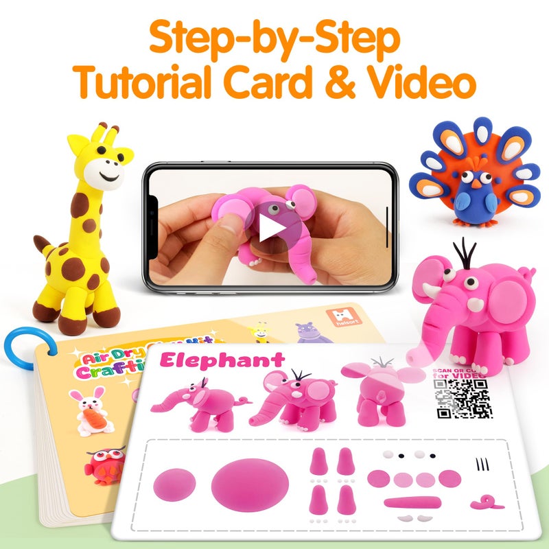 Helsort Air Dry Clay Kit for Kids, 12 Animals Modeling Clay with Tutorial Cards & Video, 8 Sculpting Tools, Ultra Light, Safe & Non-Toxic, Arts and Crafts Toys Easter Gifts for Boys Girls - Image 3