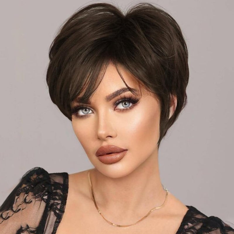 PHOCAS Short Brown Pixie Cut Wigs for Women with Bangs Stylish Layered Short Hair Wigs Natural Straight Synthetic None Lace Replacement WigsChocolate Brown