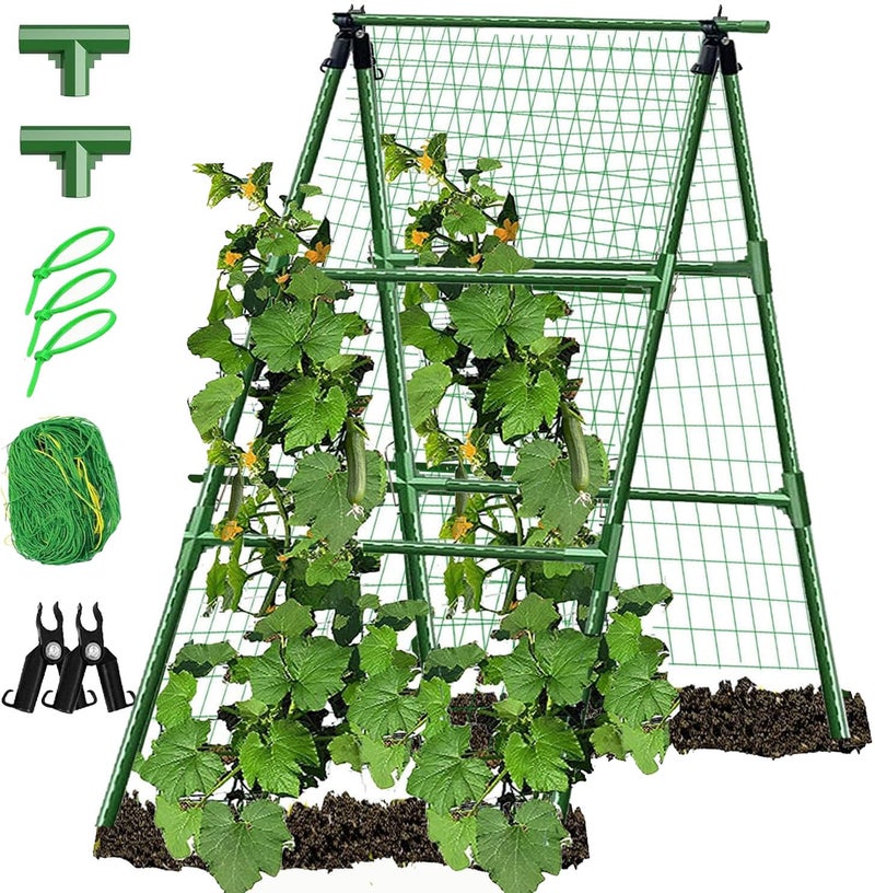 JK-GMTE A-Frame Metal Garden Trellis Set for Raised Bed for Climbing Plants Outdoor-Detachable Cucumber Climbing Trellis with Net Clips-Garden for Cucumber Flowers Vegetables - Image 1