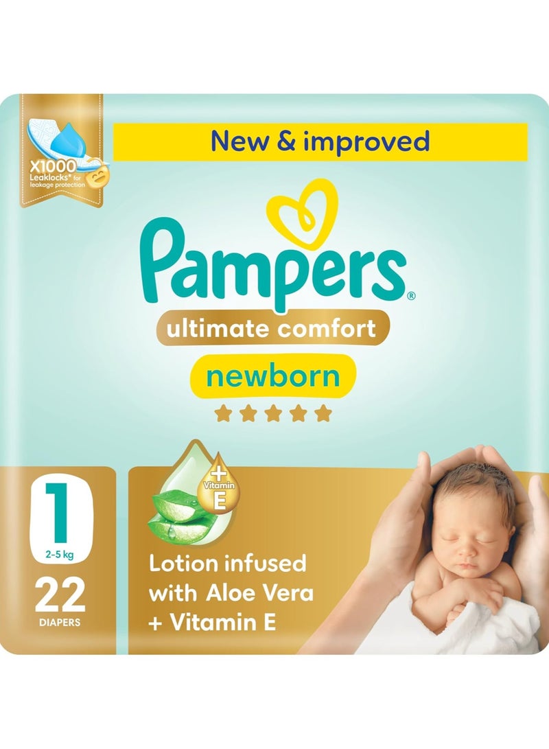 Ultimate Comfort Taped Diapers, Size 1, 2-5kg, Lotion infused with Aloe Vera and Vitamin E, x1000 Leak Locks Technology for Leakage Protection, Carry Pack, 22 Count