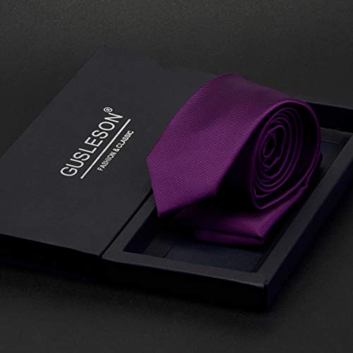 GUSLESON 2.4" Men's Skinny Solid Ties Eggplant Purple Slim Classic Necktie and Pocket Square Set (0754-06) - Image 4