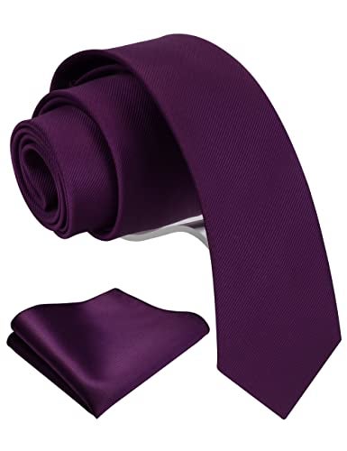 GUSLESON 2.4" Men's Skinny Solid Ties Eggplant Purple Slim Classic Necktie and Pocket Square Set (0754-06) - Image 1