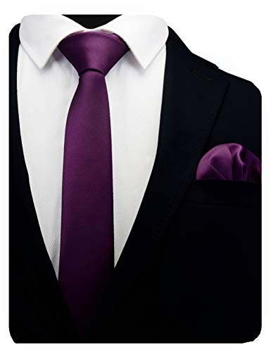 GUSLESON 2.4" Men's Skinny Solid Ties Eggplant Purple Slim Classic Necktie and Pocket Square Set (0754-06) - Image 2