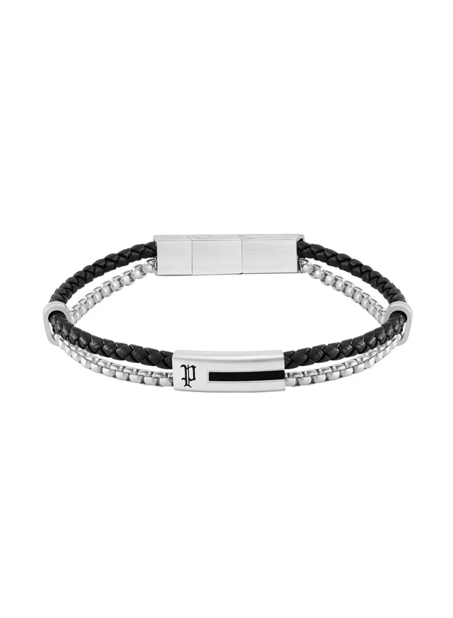 بوليس Dualcell Braided Leather, Box Chain Stainless Steel Bracelet for Men