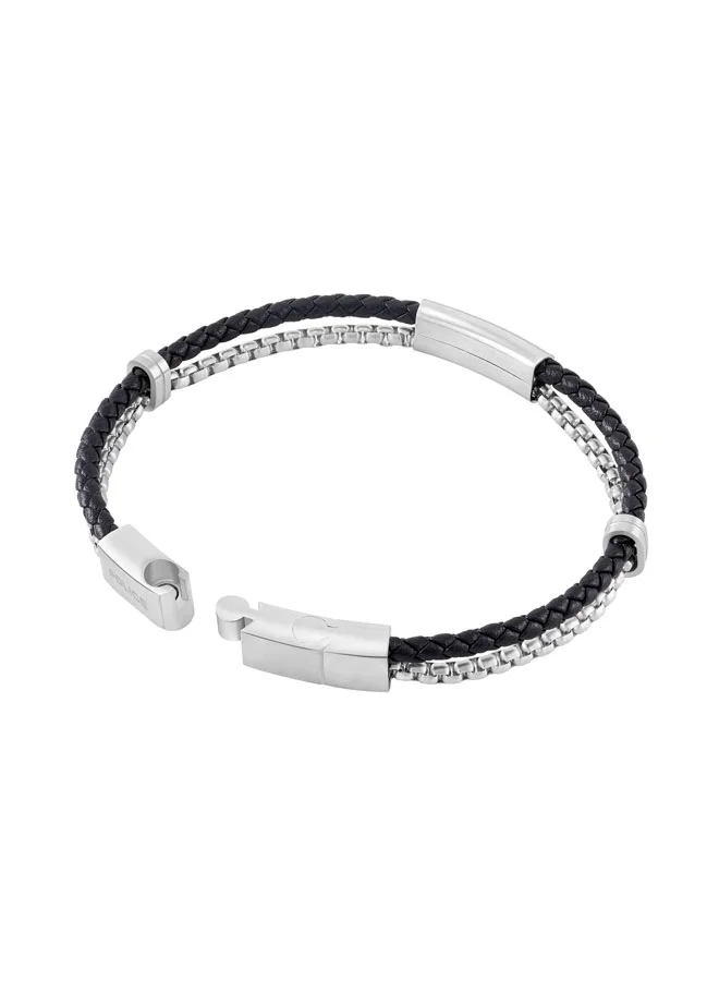 POLICE Silver/Black Dualcell Braided Leather, Box Chain Stainless Steel Bracelet for Men for Men | Best Price UAE