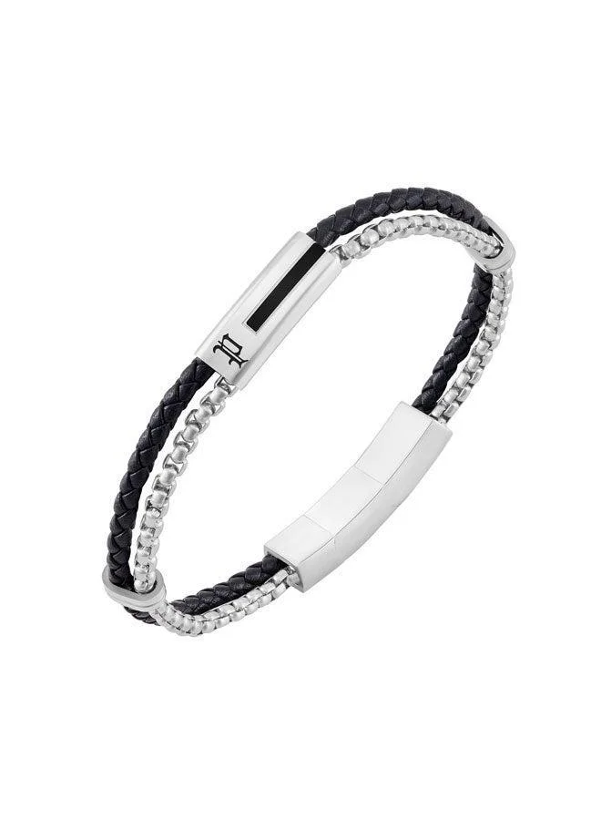 Police Silver/Black Dualcell Braided Leather, Box Chain Stainless Steel Bracelet for Men for Men | Best Price UAE
