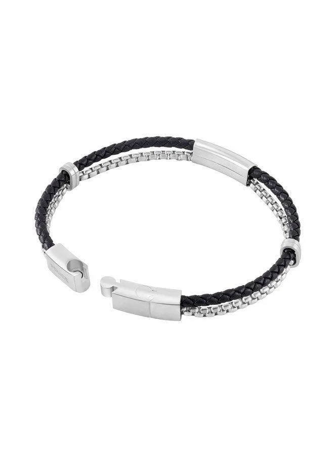 Police Silver/Black Dualcell Braided Leather, Box Chain Stainless Steel Bracelet for Men for Men | Best Price UAE