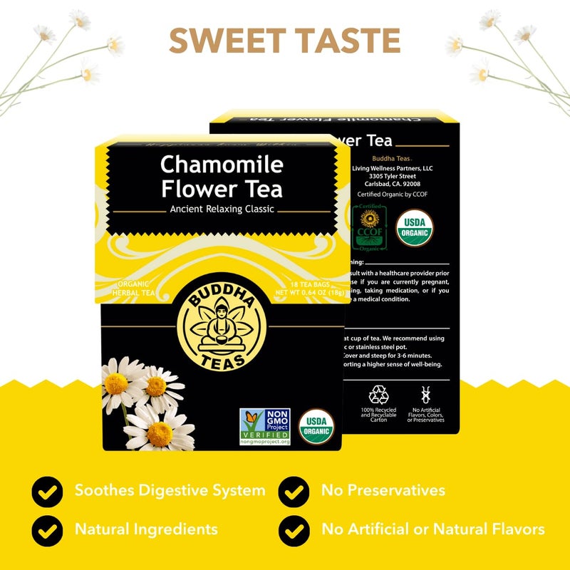 Buddha Teas - Organic Chamomile Flower Tea - Herbal Tea - For Health & Wellbeing - With Antioxidants & Minerals - Clean Ingredients - Caffeine Free - OU Kosher & Non-GMO - 18 Tea Bags (Pack of 1) - Image 2